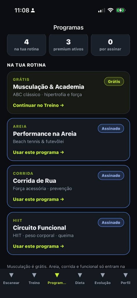 Ecrã Programas ShapeScan — 4 módulos de treino
